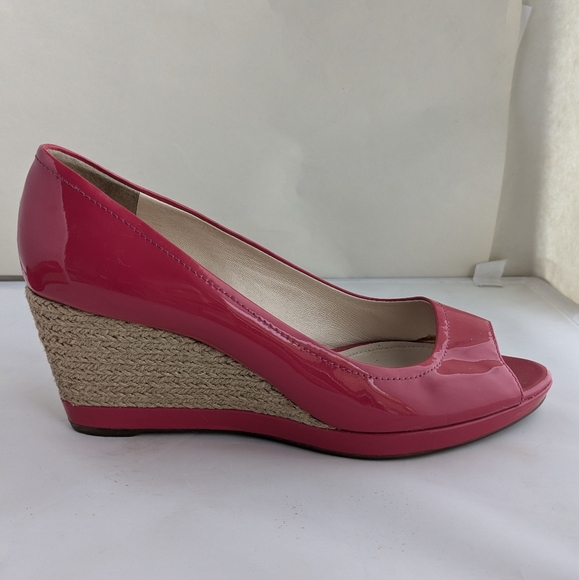 Prada Berry Pink Patent Leather Peep-Toe Wedges Espadrilles Sz 38 - Picture 5 of 15